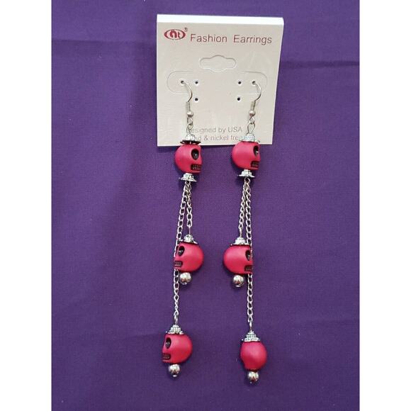 Dark Pink Skull Long Dangle Earrings Halloween Bikercore Punkcore Rocker Goth - Picture 1 of 5